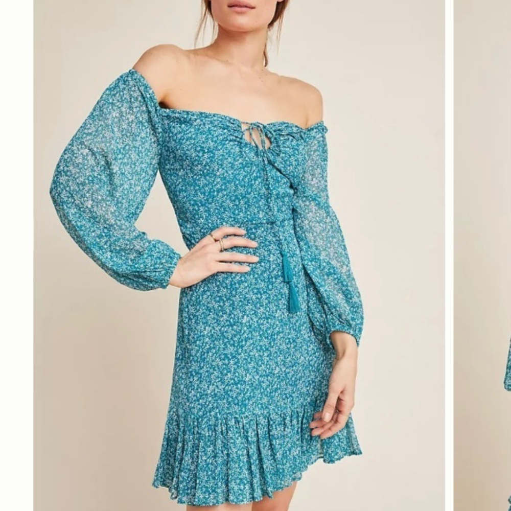 Anthropologie Ranna Gil Blishen Off Shoulder Dress in Teal Blue Floral Print